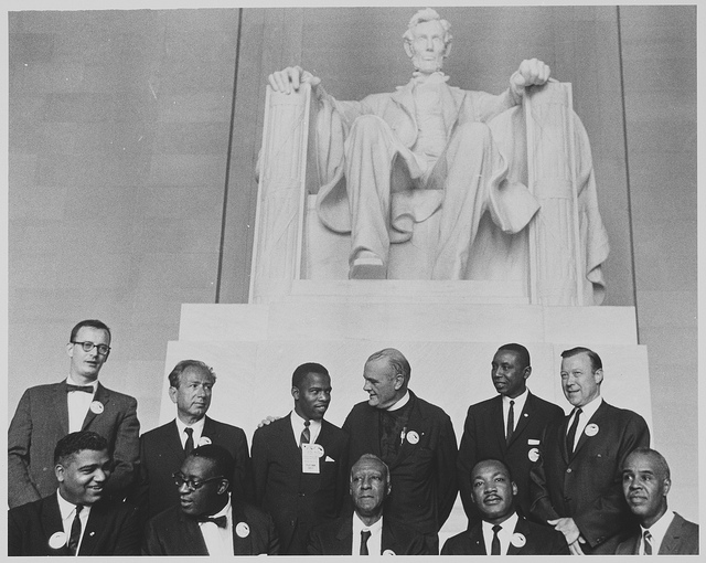 Leaders of the March on Washington pose at the Lincoln Memorial , Aug. 28, 1963. (Photo courtesy of the Archives Foundation and used here under Creative Commons license.)