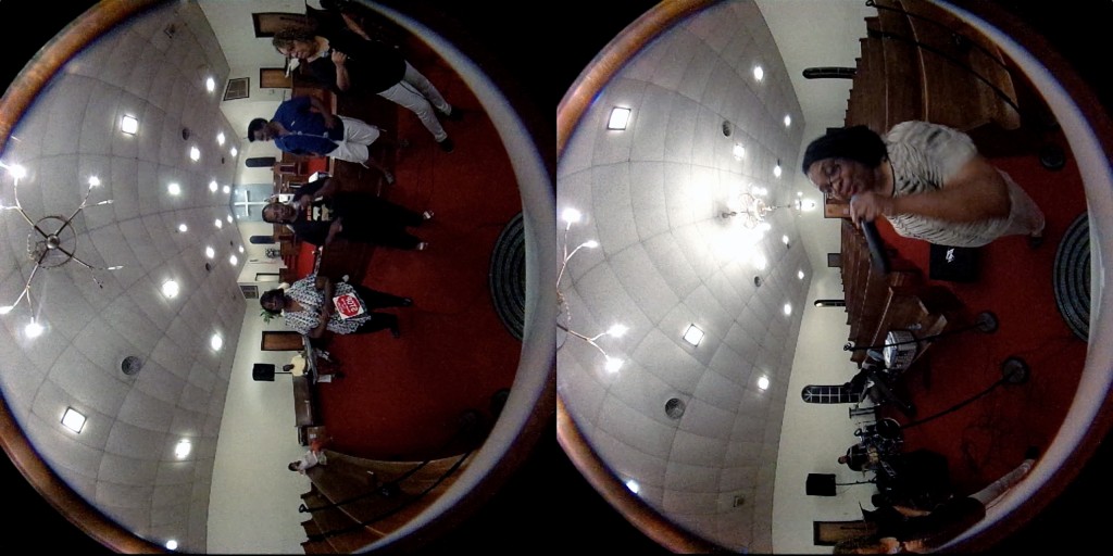 Screen shot from a 360 degree video of the gospel group, The Angelic Harmonizers, at the Clinton Chapel Zion A.M.E. Church in Selma, Alabama.