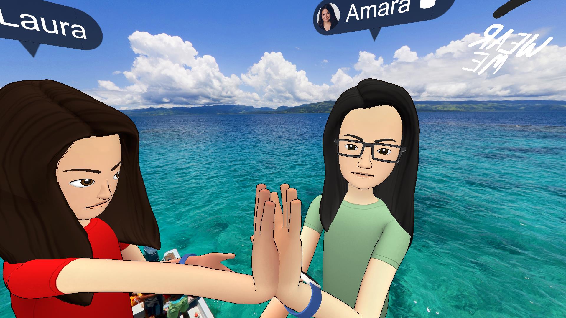 USC Annenberg professors Laura Davis, left, and Amara Aguilar go live for the first time in Facebook Spaces, a social virtual reality app.